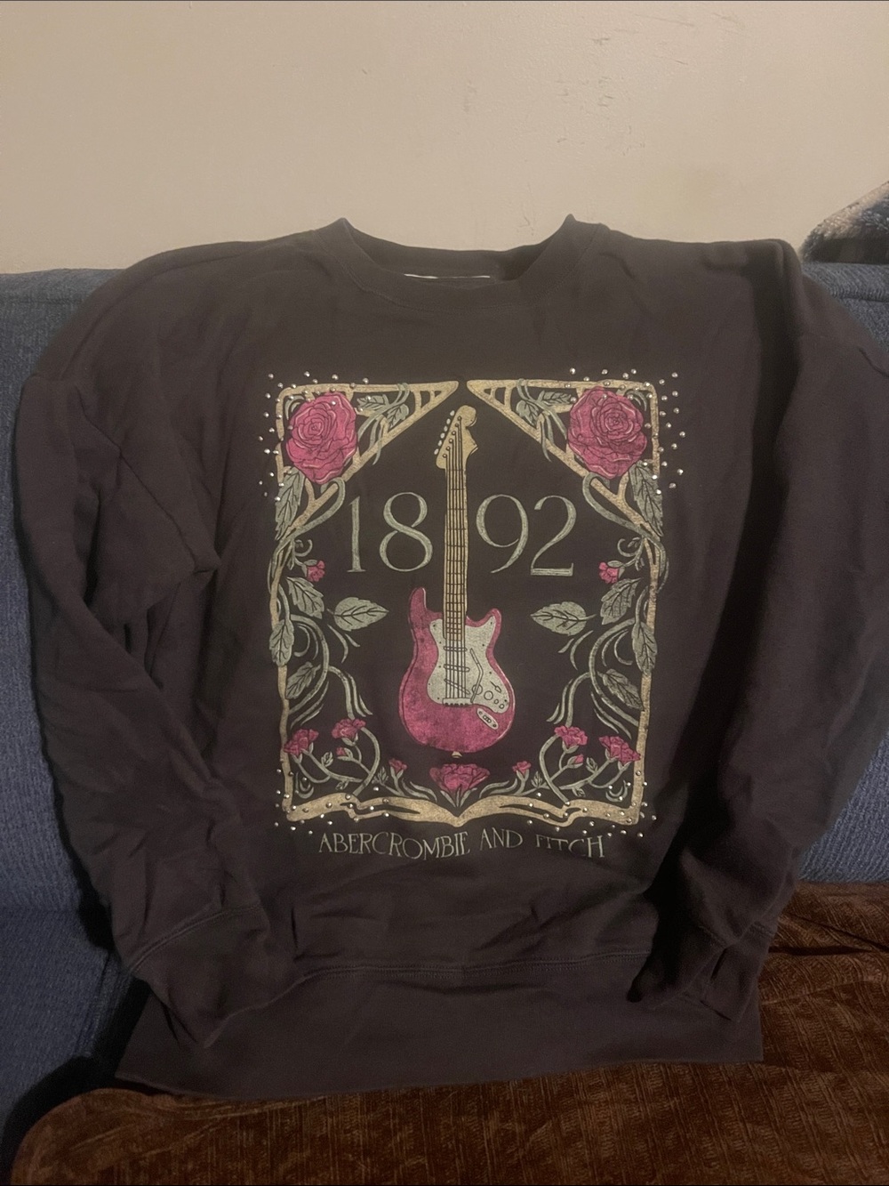 Abercrombie & Fitch charcoal grey Crewneck Sweatshirt with Pink Guitar Graphic